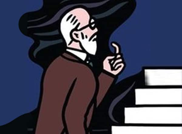 illustrazione di Freud fondatore della psicoanalisi che sale le scale dell'inconscio